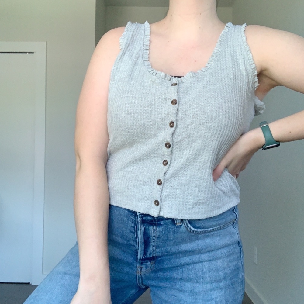 Wild Fable Ribbed Waffle Ruffle Tank Top Buttons Basic Gray
